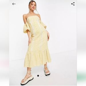 Asos design off shoulder button through midi dress in yellow gingham eyelet